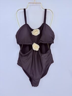 Black Cutout One Piece Swimsuit Floral Appliqué Ruched Monokini Size 2XL